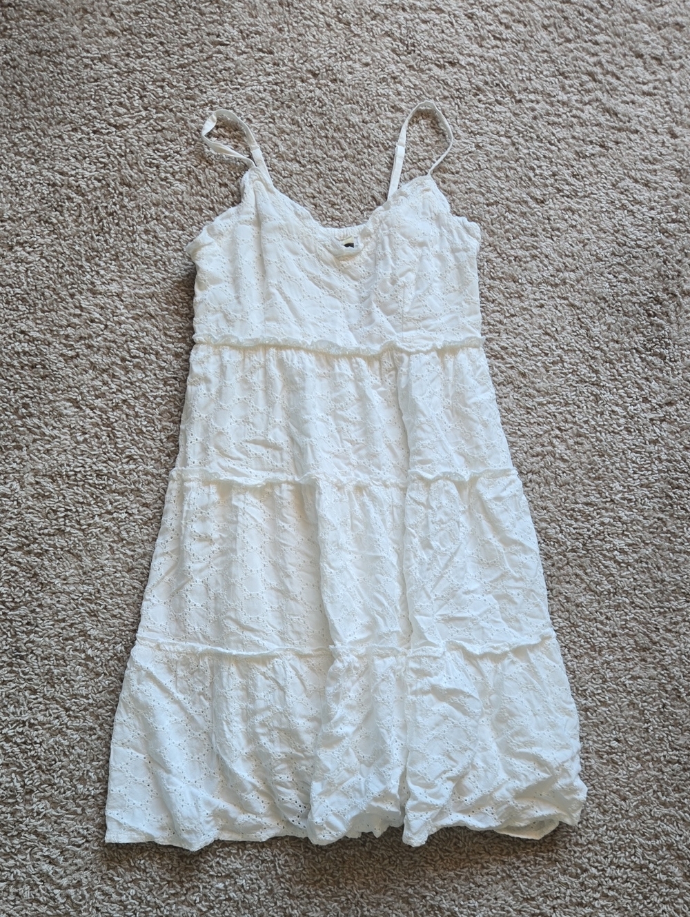 Women’s White Eyelet Tiered Midi Dress with Spaghetti Straps